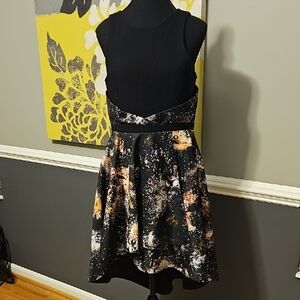 Sleeveless High-Low Dress with Abstract Floral Skirt - Black & Peach